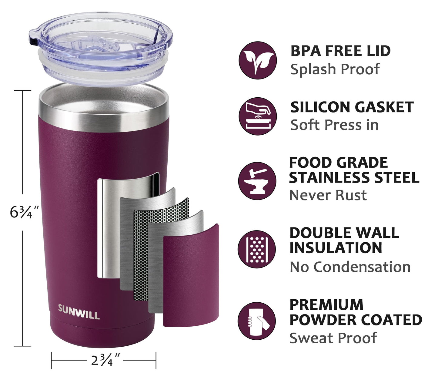SUNWILL Travel Coffee Tumbler 20 oz, Insulated Mug with Lid, Stainless Steel Cup for Hot and Cold Drinks, Powder Coated Plum