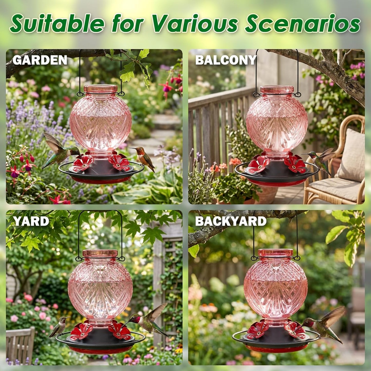 Skiennix Glass Hummingbird Feeder - 20oz Outdoor Nectar Feeder with Bee Guard Ports & Ant Moat | Pink