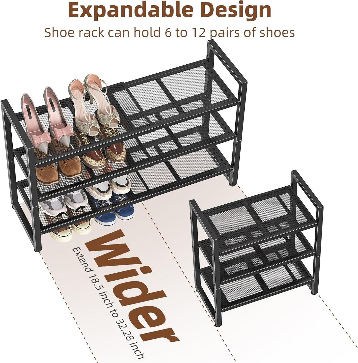 Simple Trending 3-Tier Expandable Shoe Rack - Adjustable Metal Mesh Organizer for Closet & Entryway, Black