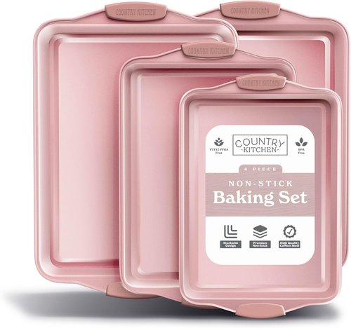 Country Kitchen Nonstick Bakeware Set - Heavy Duty, Easy Release, Stackable Design | Pink, 4 Pieces