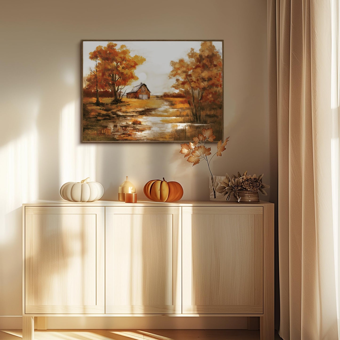 ArtbyHannah Framed Thanksgiving Canvas Wall Decor, Fall Oil Paints Wall Art with Landscape Pictures Autumn Harvest Home Decorations for Living Room Kitchen Mantel Office (20x28 Inch)