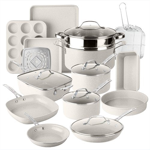 Granitestone Ceraluxe 20 Pc Ceramic Cookware Set Nonstick, Complete Pots and Pans Set Non Stick with 5 Pc Bakeware Set, Deep Frying Pan Set, & Steamer, Non Toxic PFOA Free, Oven & Dishwasher Safe