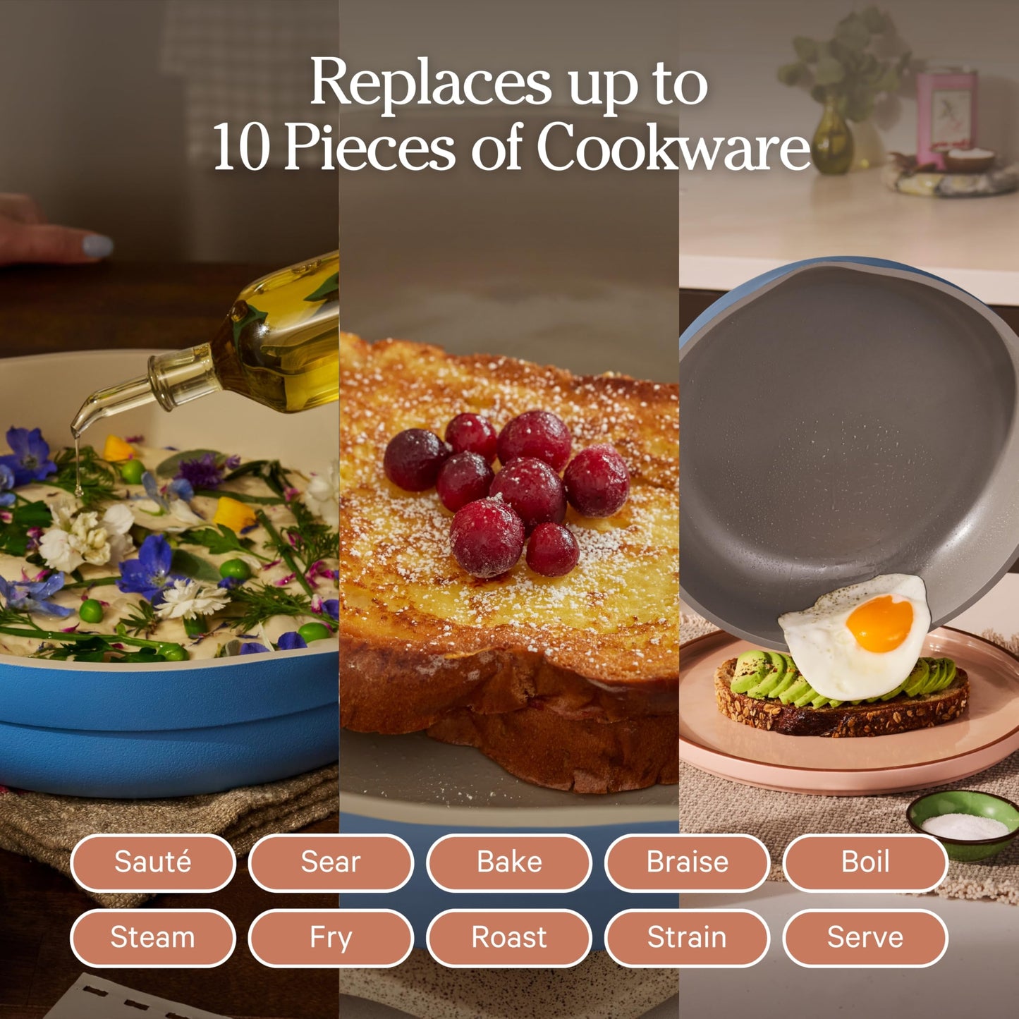 Our Place Always Pan 2.0-10.5” (2.6 Qt) Nonstick, Toxin-Free Ceramic Cookware | Patented 10-in-1 Aluminum Frying & Sauté Pan | Safe for Oven, Induction & All Cooktops up to 450°F | Forget-Me-Not Blue