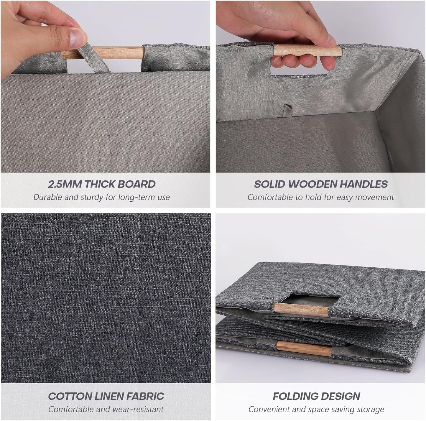 Skiennix Fabric Storage Bins - Foldable Cotton Linen Baskets with Wooden Handles | Gray, Small, 3-Pack