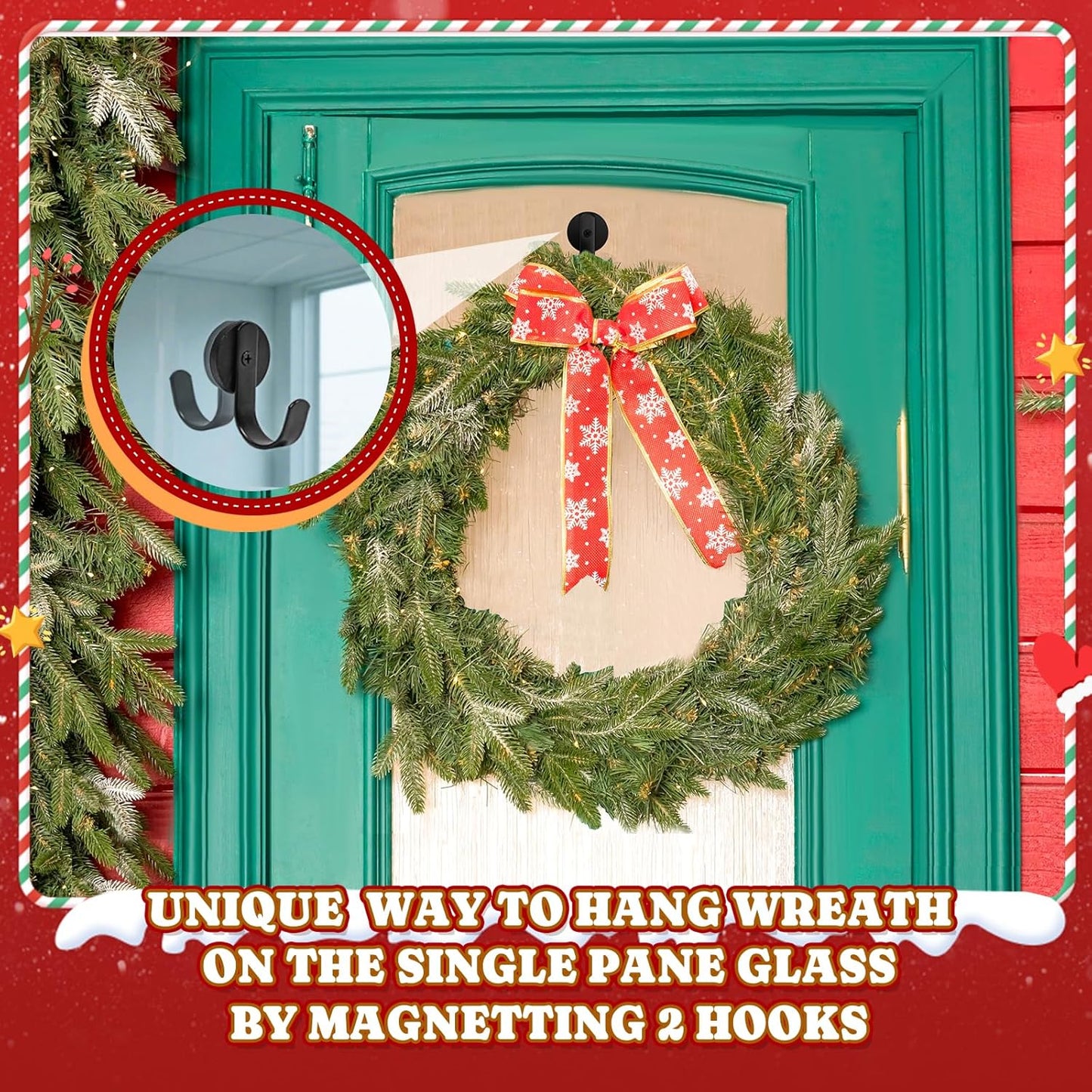 Skiennix Magnetic Wreath Hanger - Rubber Coated Hooks for Metal Doors & Fridges | Black, 2 Pcs