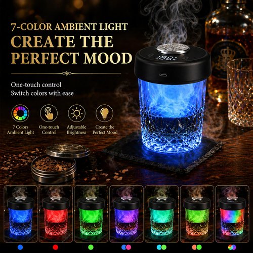 Electric Whiskey Smoker Kit, Torch-Free Rechargeable Cocktail Smoker with 7 Color Lights, All-in-1 Gift Set with 2 Wooden Whiskey Glasses, 10 Wood Chips, Ice Molds & Steel Cubes for Men, Dad