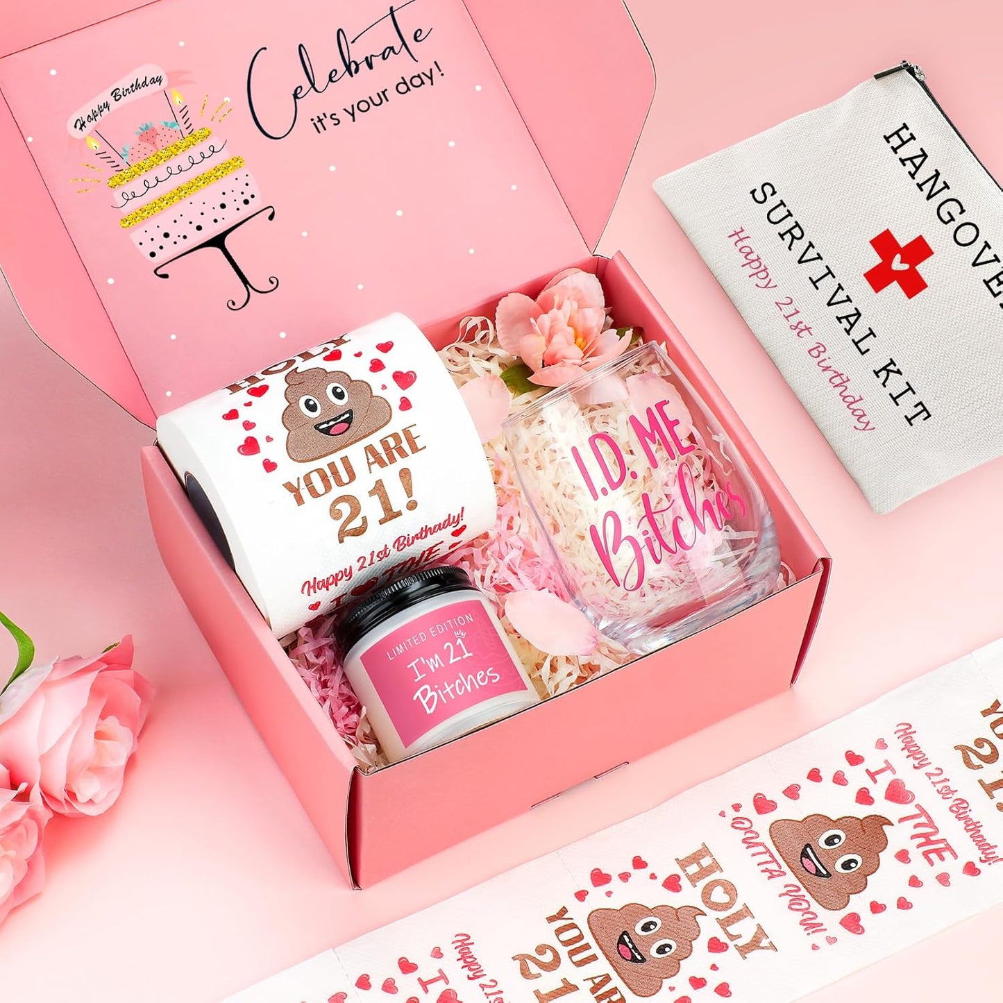 Skiennix 21st Birthday Gifts for Her | Unique & Funny 21-Year-Old Gift Set - Wine Glass, Candle & Makeup Bag