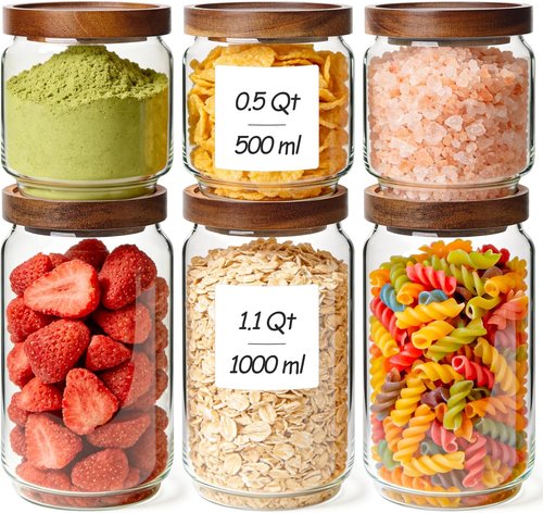 ComSaf Glass Pantry Storage Containers - Airtight 6PCS Set with Acacia Wood Lids | 1.1Qt & 0.5Qt Sizes for Organized Dry Goods