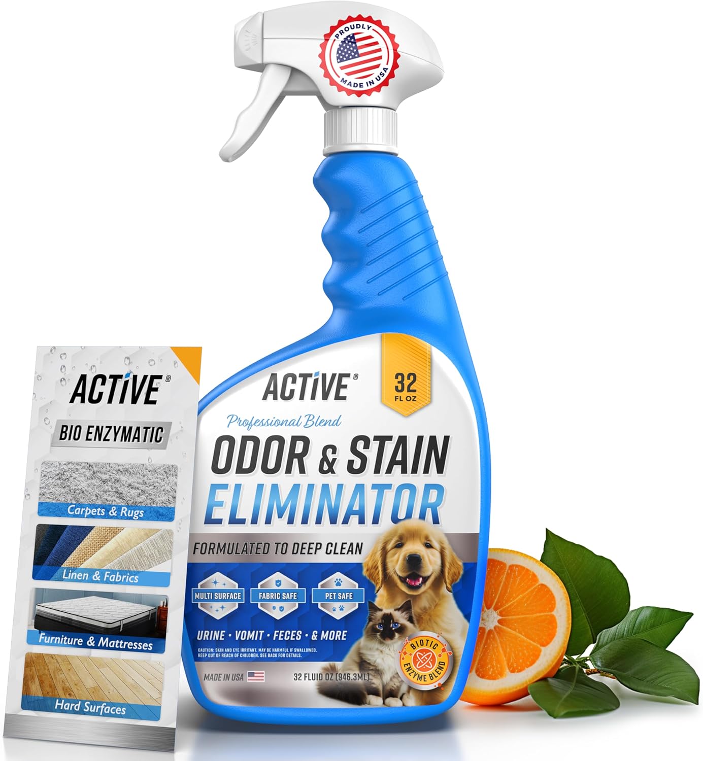 Pet Odor and Stain Eliminator by ACTIVE - 32 oz Enzyme Cleaner for Dog & Cat Urine, Natural Citrus Deodorizer