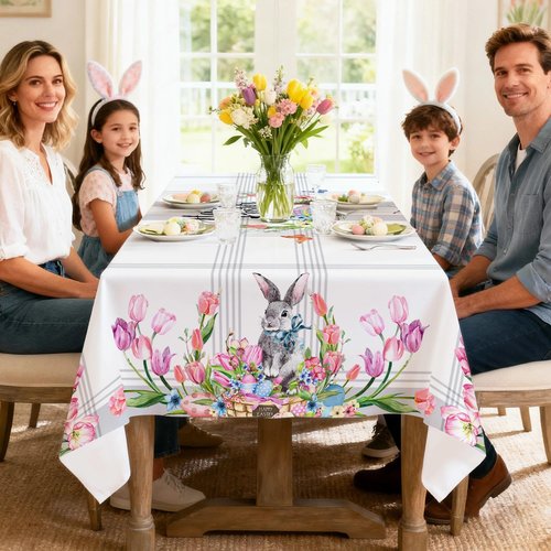 Hexagram Easter Tablecloth Rectangle 60 x 84 Inch, Easter Table Cloth Bunny Eggs Truck Tablecloths for Party Home Dinner Decor