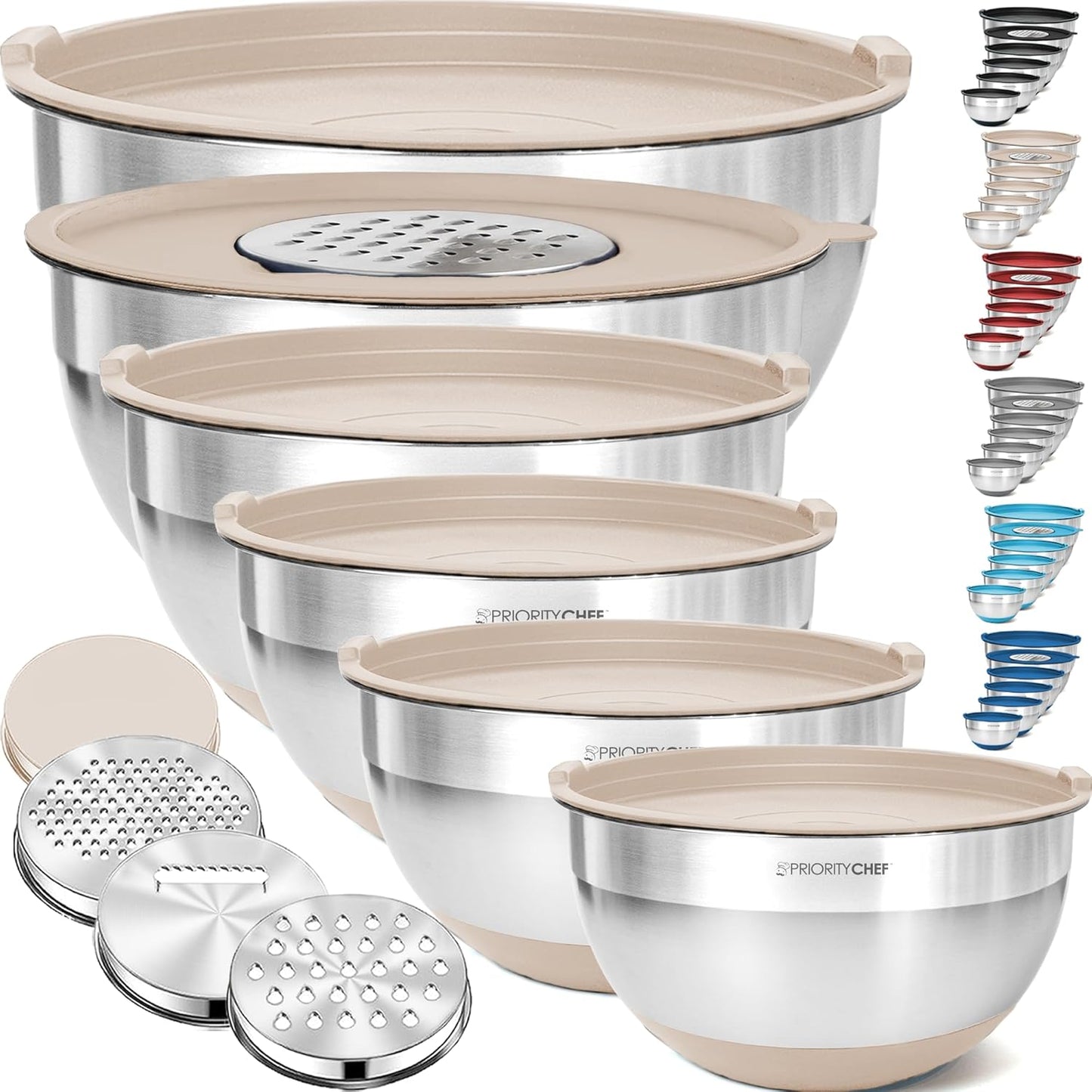 Priority Chef 6-Piece Stainless Steel Mixing Bowls Set - Non-Slip Bases & Airtight Lids | Khaki