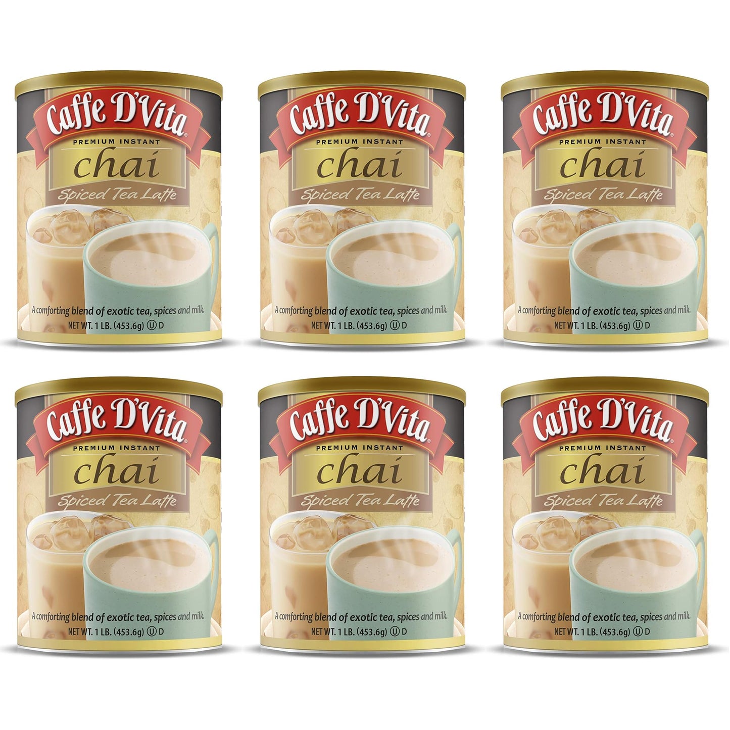 Caffe D’Vita Spiced Chai Latte Mix - Chai Tea Latte Powder Mix, Gluten Free, Chai Tea Powder, No Cholesterol, No Hydrogenated Oils, No Trans Fat, Spiced Chai Latte Powder Mix - 1 Lb Can, 6-Pack