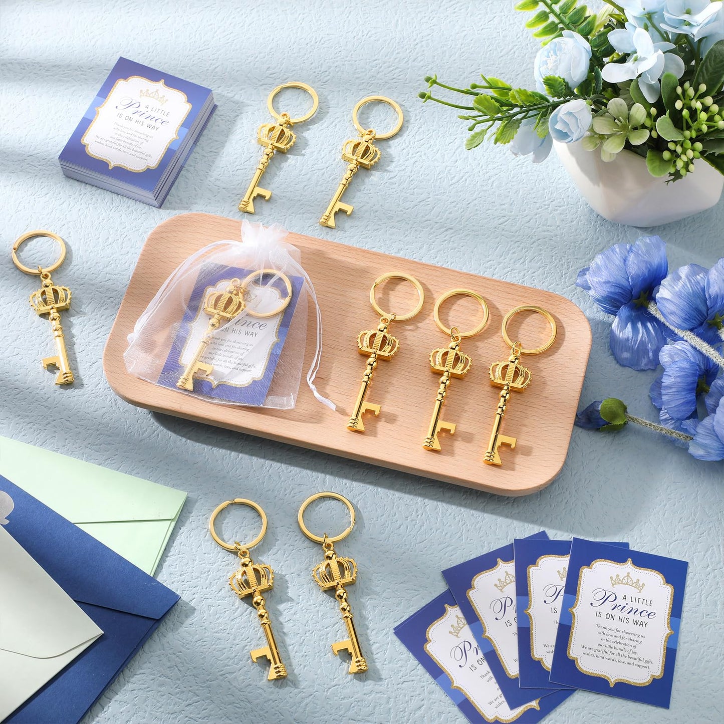 Ferreve 50 Sets Baby Shower Bottle Opener Favors Included Bottle Opener Keychain Crown Charms Keychain Thank You Cards Organza Bags Baby Shower Return Gifts for Guests (Classic)