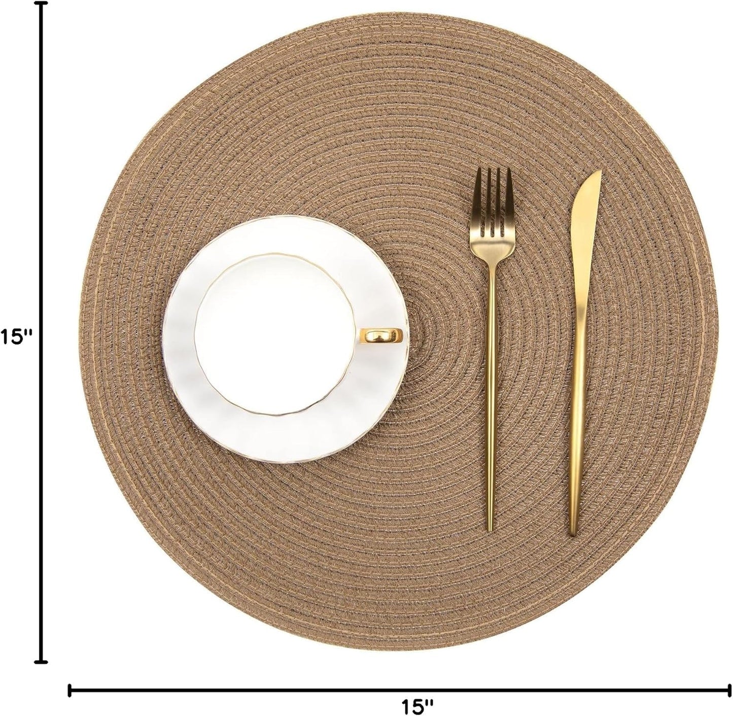 SHACOS Round Placemats Set of 4 Woven Braided Kitchen Table Placemats 15 inch Round Place Mats Washable Table Mats Indoor Outdoor, Brown