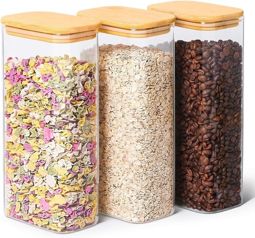 ComSaf 2 Qt Glass Storage Containers - Clear Food Jars with Bamboo Lids | Set of 3 Pantry Organizers