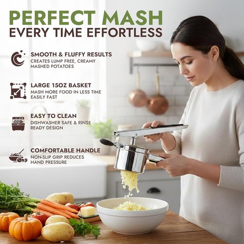 Heavy Duty Stainless Steel Potato Ricer by [Brand Name] - 15oz Masher for Smooth Mashed Potatoes | Non-Slip Baby Food Squeezer & Kitchen Gadget