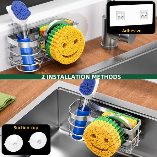 Cisily Smiley Sponge Holder - Stainless Steel Kitchen Sink Caddy with Suction Cup | Silver Scrubber Organizer