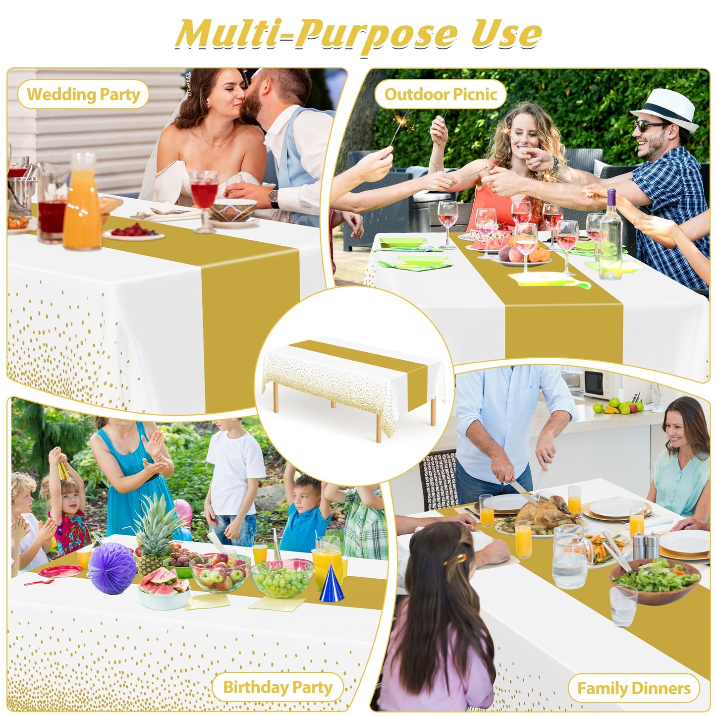 QZYL 12Pack Table Cloth Rectangle Tables, 54" x 108" Disposable Party White Table Cloths with Gold Dot, Waterproof Table Covers for Birthday Outdoor Wedding New Year Eve Birthday Decorations Supplies