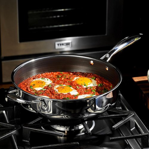 HexClad Hybrid Nonstick Deep Sauté Pan - 3.3 Quart with Tempered Glass Lid & Stay-Cool Handle