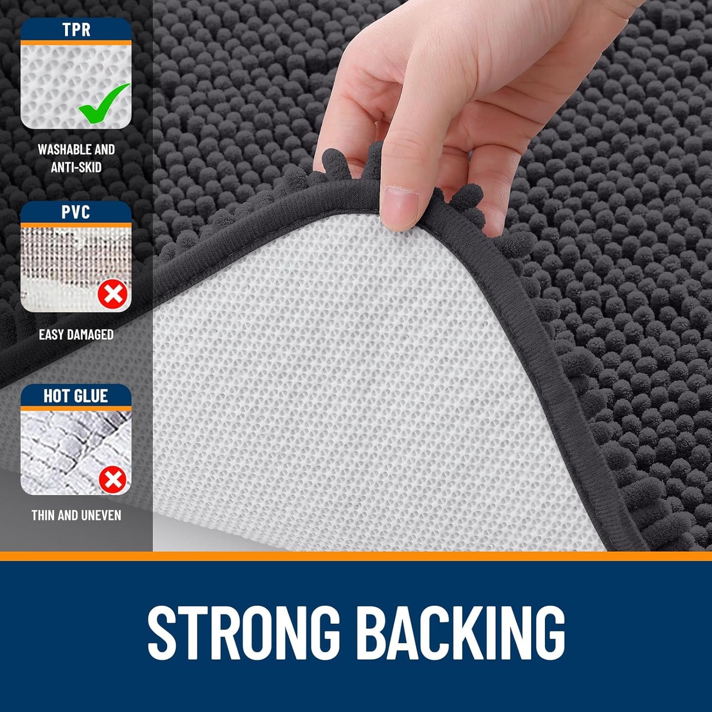 OLANLY Bathroom Rugs - Extra Soft Chenille Bath Mats with Rubber Backing | Quick Dry, Machine Washable, Dark Grey 35x24