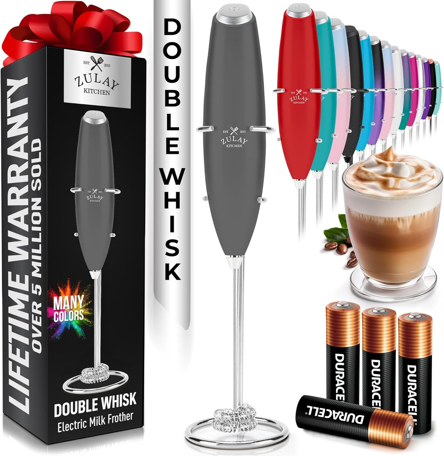 Zulay Kitchen Whisk Milk Frother - Powerful Handheld Foam Maker for Coffee, Lattes & More | Includes 4 Duracell Batteries