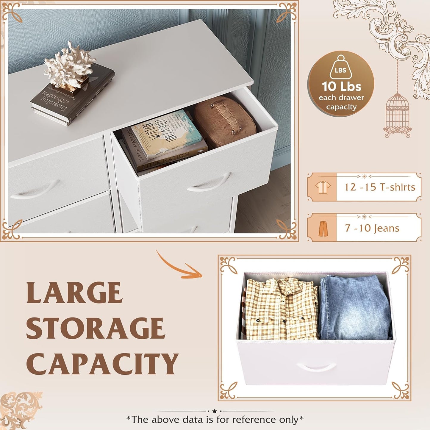 WLIVE White Dresser - 6 Fabric Drawers with Metal Frame & Wooden Top | Versatile Storage for Bedroom & Living Room