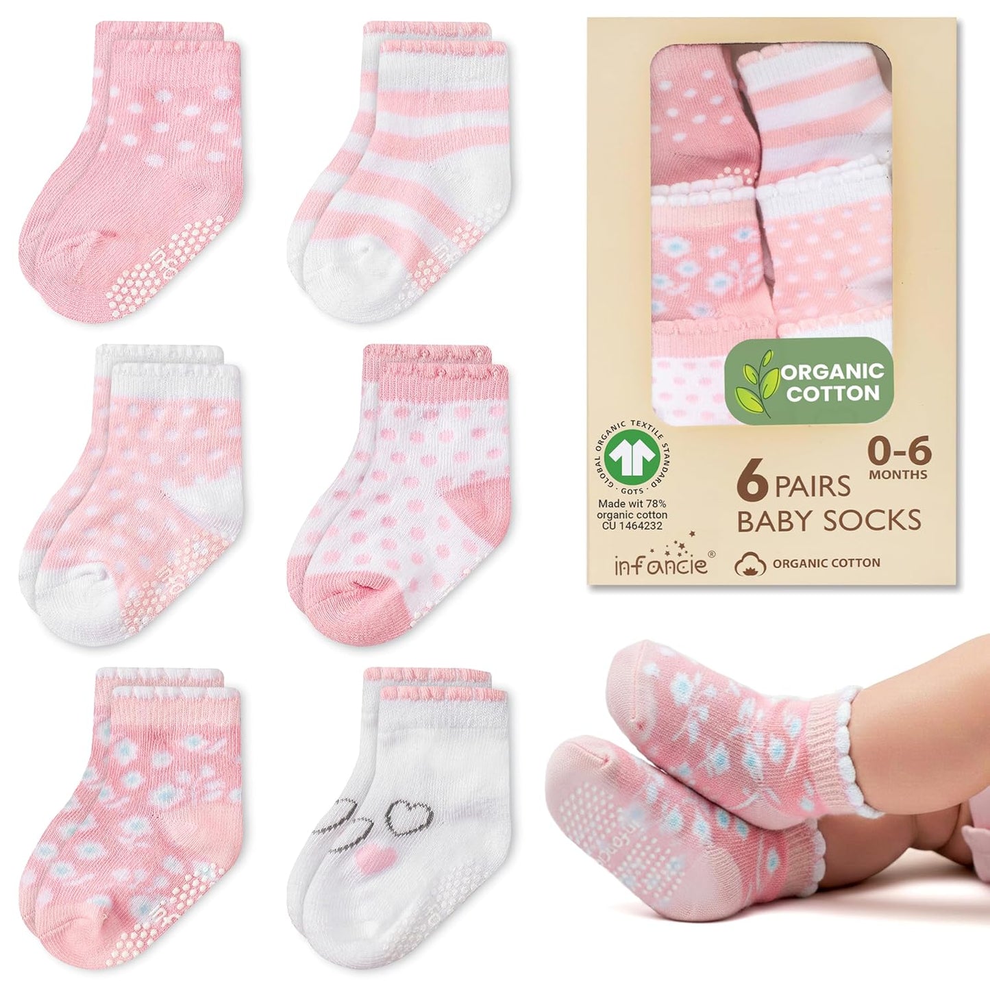 Organic Cotton Baby Socks - GOTS Certified Soft & Breathable | 6 Pairs for Newborn Girls 0-6 Months