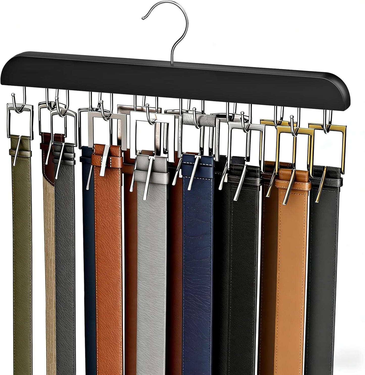 Skiennix Belt Hanger - Sturdy Wood Belt Rack with 14 Hooks for Closet Organization | Black, 1 Pack