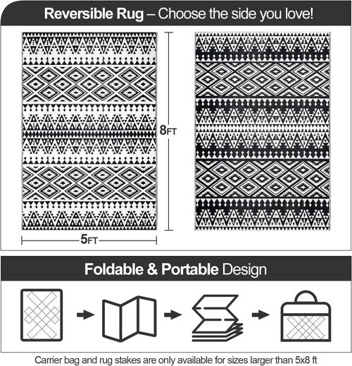 Bohemia Waterproof Outdoor Rug - Reversible Plastic Straw Mat for Patio & Camping | 5x8ft, Black & White