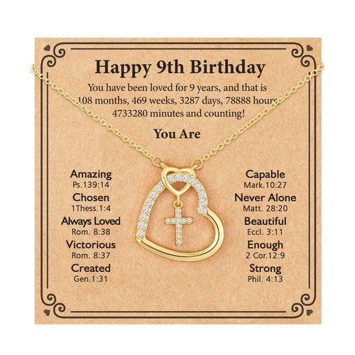 ESPVO 9 Year Old Girl Birthday Gift Happy 9th Ninth Tween Yr Cross Heart Necklace Jewelry Presents Stuff Decorations for Girls