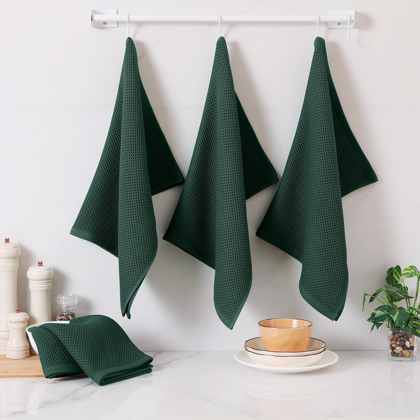 Homaxy 100% Cotton Waffle Weave Kitchen Dish Towels, Ultra Soft Absorbent Quick Drying Cleaning Towel, 20x28 Inches, 4-Pack, Blackish Green