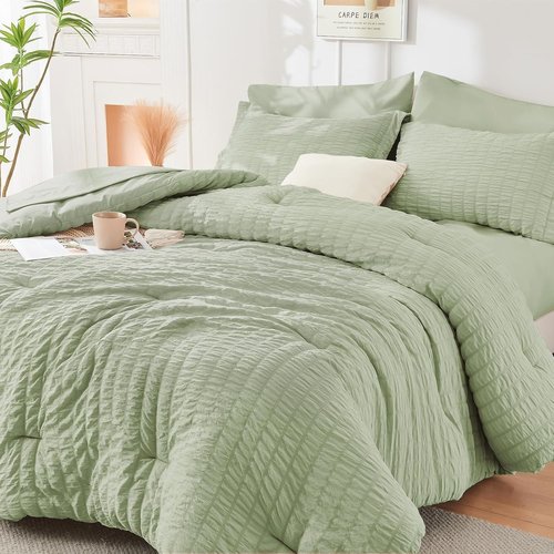HYMOKEGE King Size Comforter Set - Light Green Seersucker 7-Piece Luxury Bedding Set | All-Season Comfort