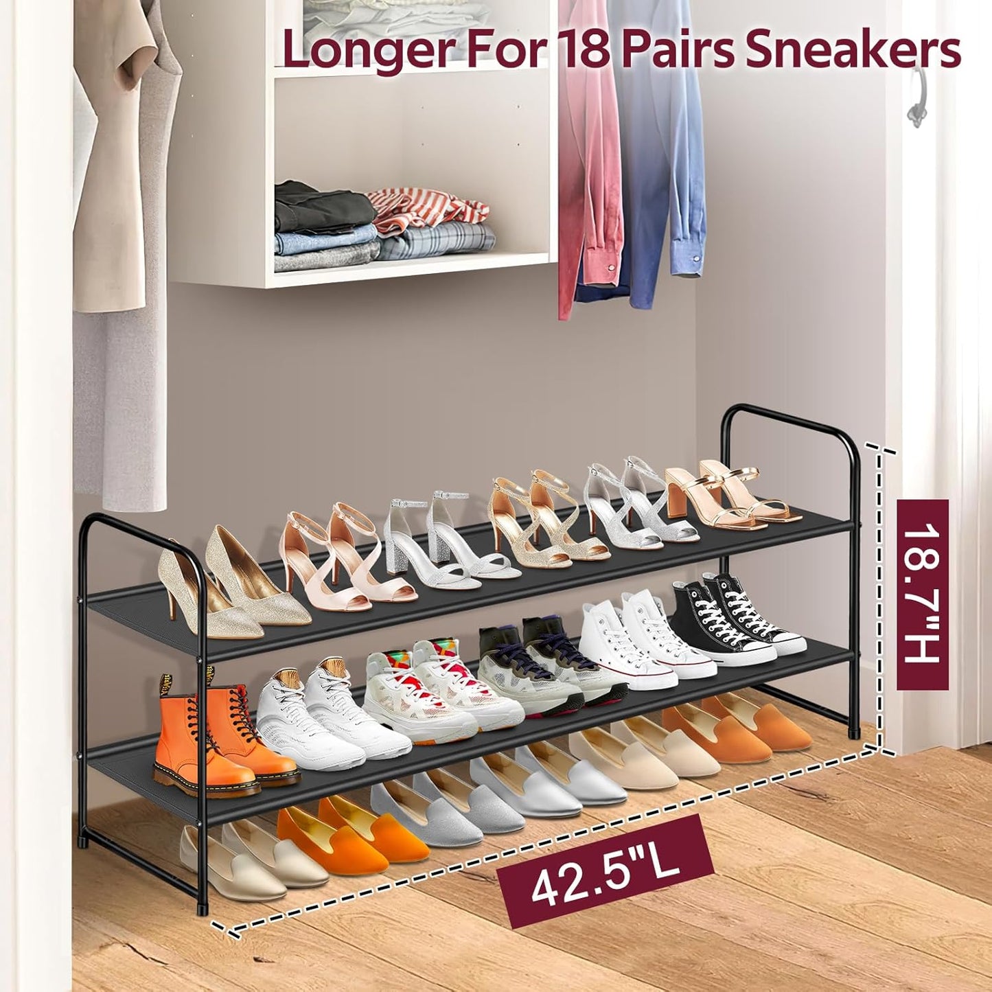 Sleeping Lamb Long 2-Tier Shoe Organizer - Stackable Rack Holds 18 Pairs | Black Storage Solution for Closet & Entryway