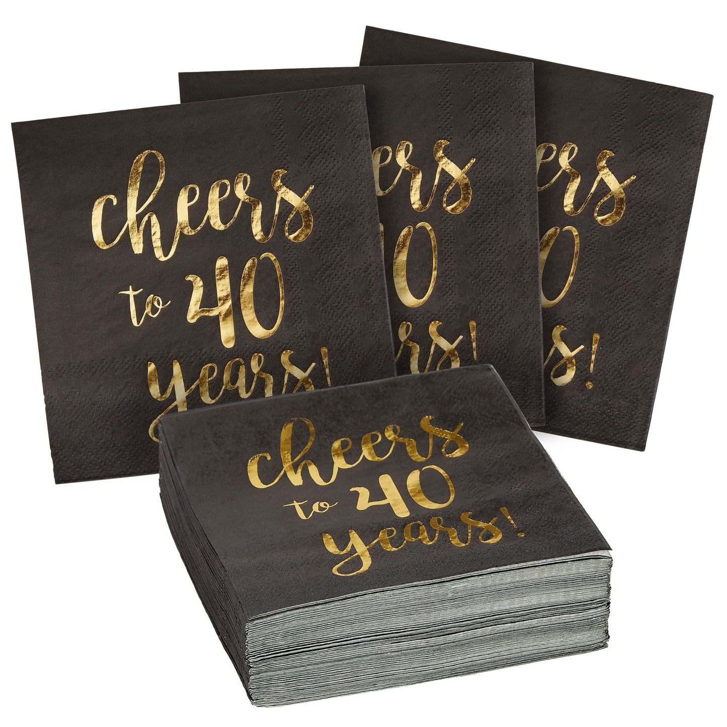 BLUE PANDA 40th Birthday Napkins - 5 x 5 In, 50-Pack, 3-Ply, Black & Gold Foil - Cheers to 40 Years & Cocktail Napkins for Birthday Party Decor