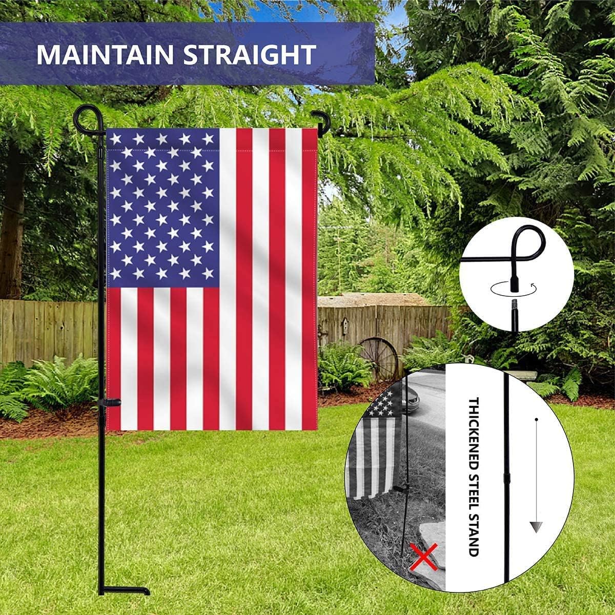 YEAHOME Garden Flag Holder Stand - Weather-Proof Black Metal Flagpole with Tiger Clip & Rubber Stopper