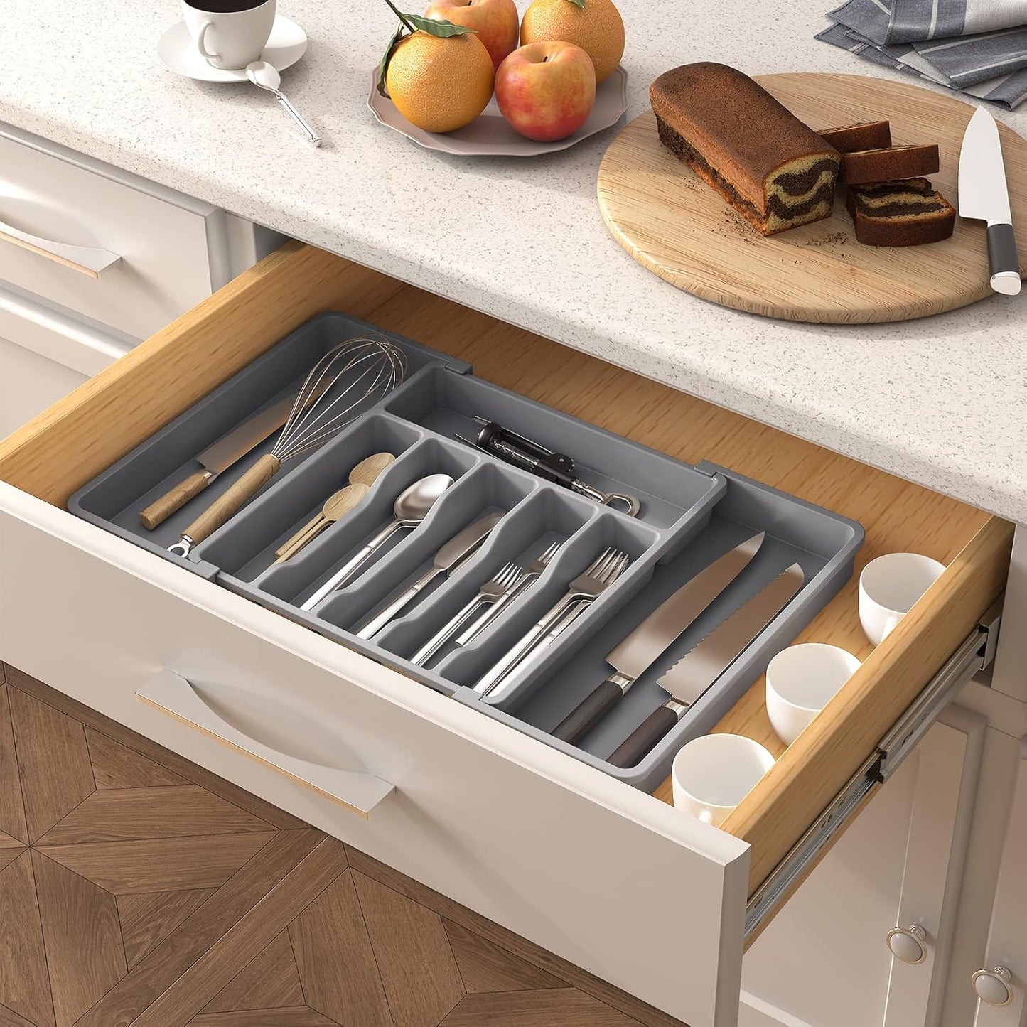 Lifewit Expandable Silverware Drawer Organizer - BPA-Free Utensil Tray for Kitchen | Adjustable 13-22 x 15" Grey