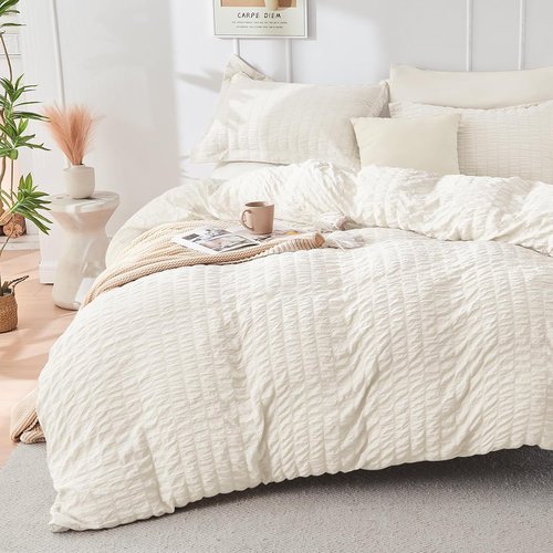 HYMOKEGE Queen Comforter Set - Ivory Oversized 7-Piece Luxury Bedding Set with Sheets & Pillowcases