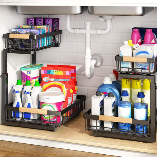PXRACK Under Sink Organizer - Adjustable 2-Tier Pull-Out Storage for Kitchen & Bathroom | Large Black 2-Pack