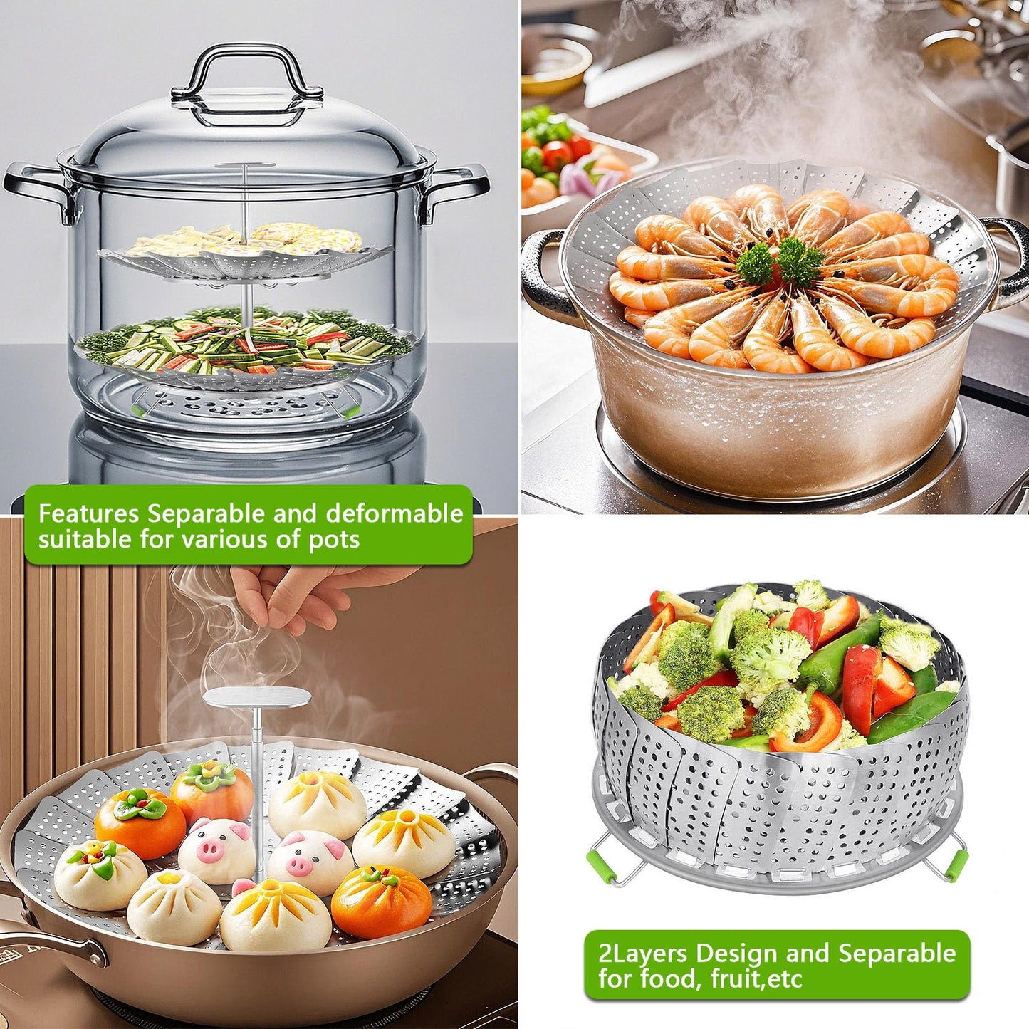 VOGARB Vegetable Steamer Basket for Pot, 2 Layer Separable-Collapsible-Expandable Smooth Edge Stainless Steel for Kitchen and Outdoor Cooking Food