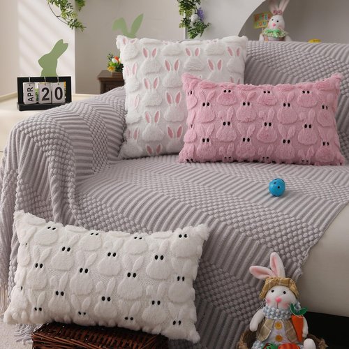 DFXSZ Easter Pillow Covers 18x18 inch Set of 2 Easter Decorations Pink Ears White Rabbit Soft Plush Faux Fur Jacquard Throw Pillows for Bedroom Sofa Holiday Festivals Home Decor FHJ-07D18