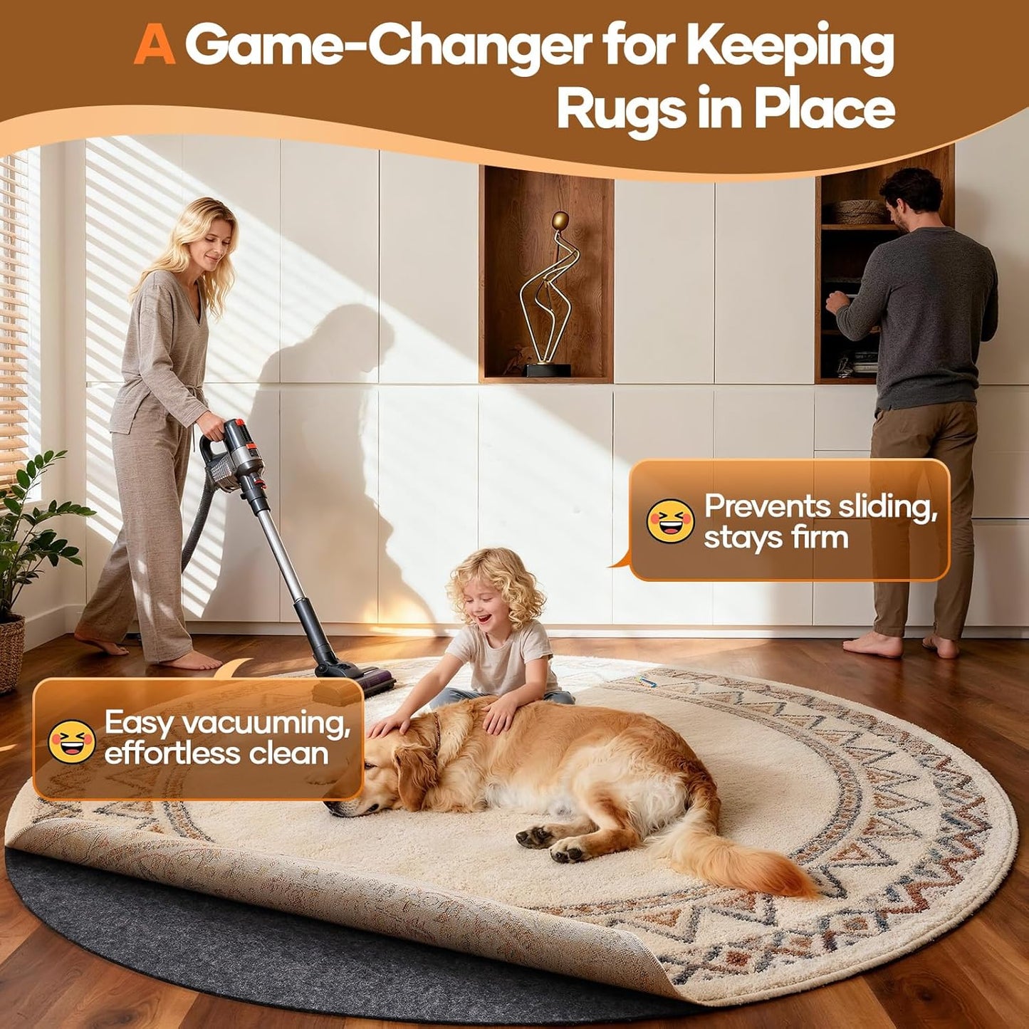 Veken Non-Slip Cushioned Rug Pad - 6 Ft Felt & Silicone Backing for Hardwood Floors | 1/8" Thick Anti-Skid Mat