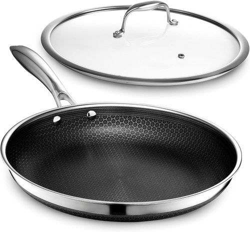 HexClad Hybrid Nonstick 12-Inch Frying Pan - Tempered Glass Lid & Stay-Cool Handle | Dishwasher & Oven Safe Up to 900°F