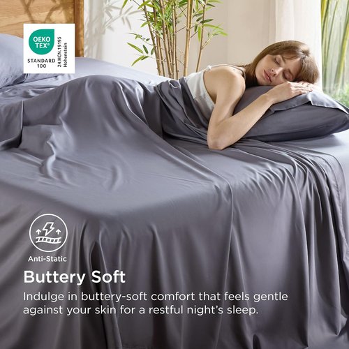 Bedsure Queen Sheet Set - Cooling Bamboo Sheets | Breathable & Soft | Deep Pocket Up to 16" | Dark Grey