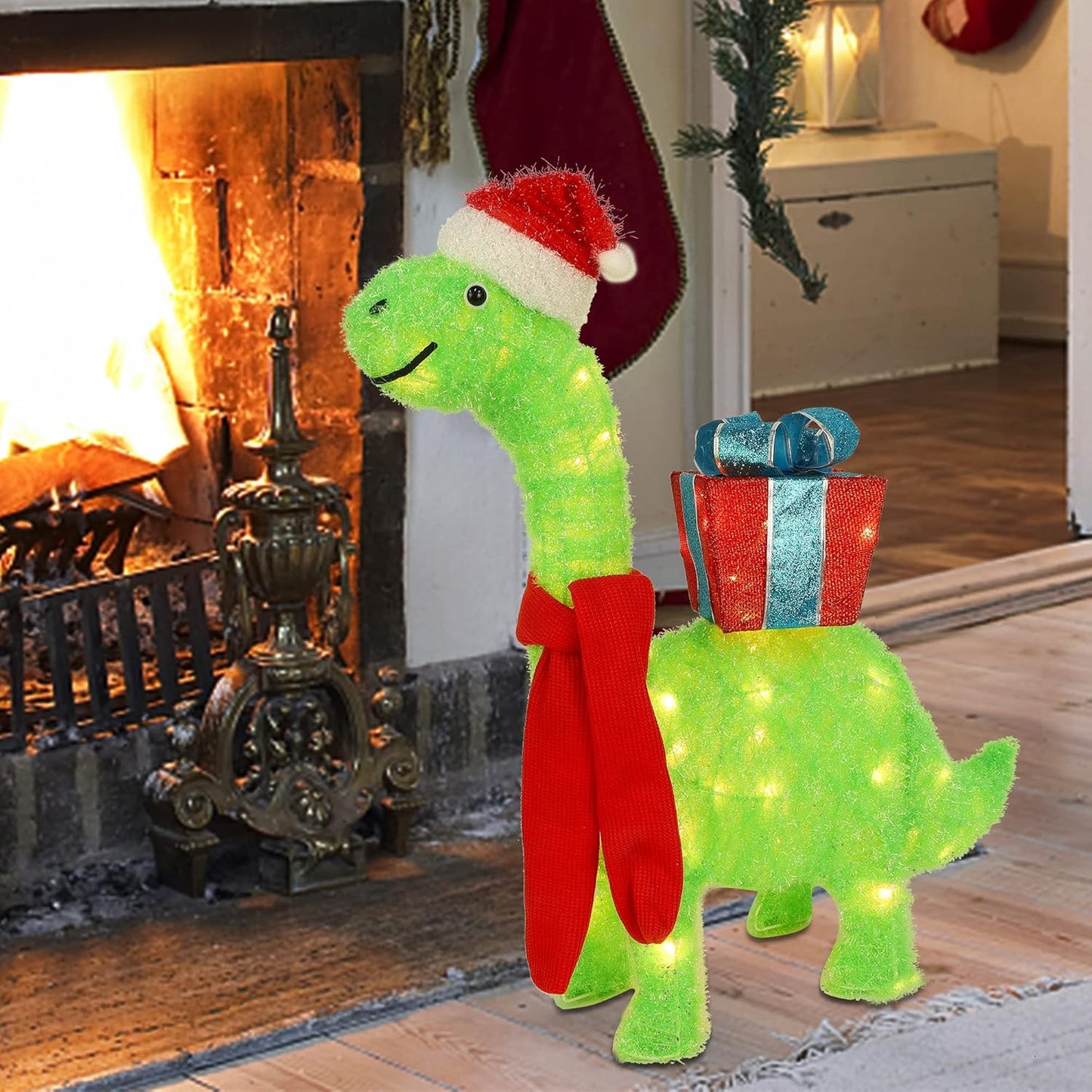 WATERGLIDE 27-Inch Lighted Christmas Dinosaur | Pre-Lit 3D Brachiosaurus Yard Decor with Gift Box