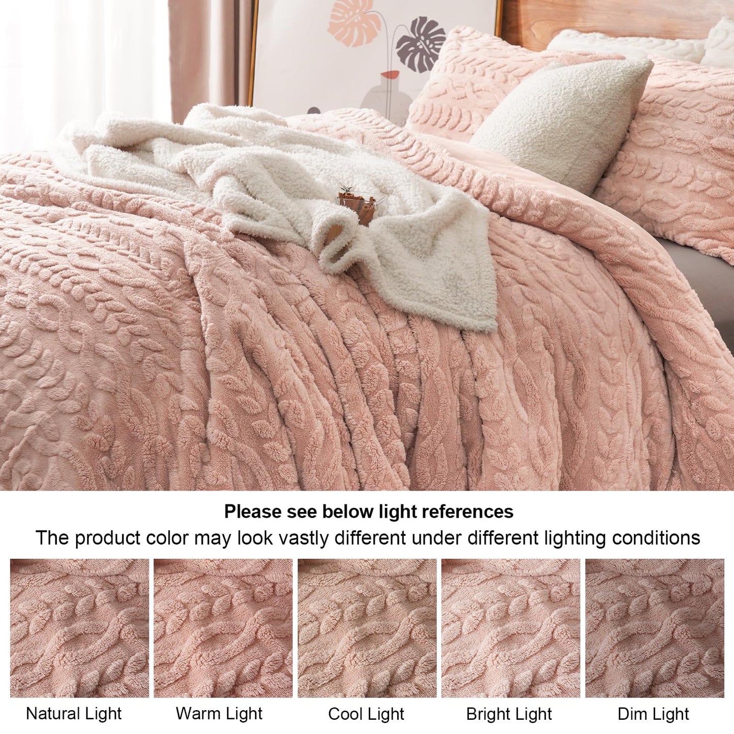 PHF Fluffy Sherpa Fleece Twin Comforter Set, 2 Pieces Warm Fuzzy Soft Bedding for Winter, 3D Tufted Flannel Plush Shaggy Bed Set, 1 Comforter (68"x90") and 1 Pillowcase (20"x26"), Pink