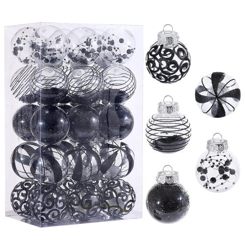 BSTCRAFT 60MM/2.36 Christmas Ornaments Set, 30pcs Clear Christmas Ornaments Black Shatterproof Decorative Baubles for Xmas Tree