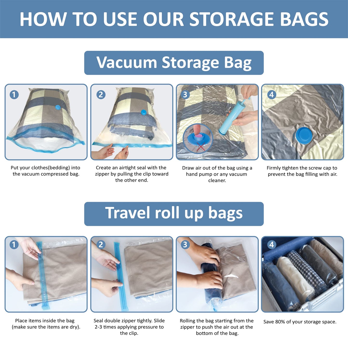 Cozy Essential Vacuum Storage Bags, 80% Compression Vacuum Seal Space Saver Plastic Packaging Bags for Clothes, Blankets, Pillow, Bedding, Comforters, Sealer Clothing Storage,16 Combo