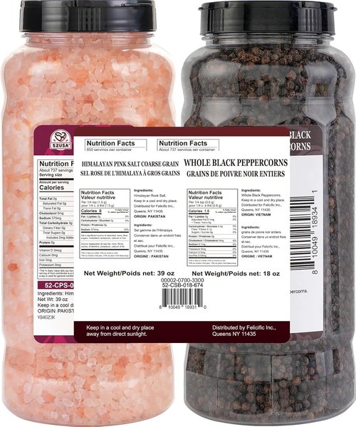 52USA Whole Black Peppercorns & Himalayan Pink Salt - Coarse Grain 39 oz | Perfect Grinder Refill Set