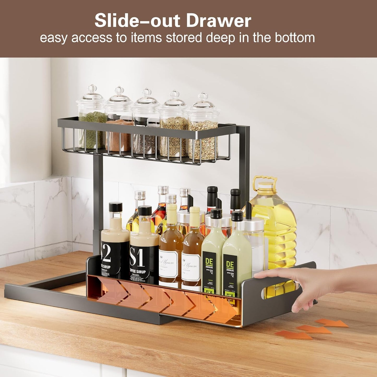 VUSIGN Under Sink Organizer - 2-Tier Metal Pull-Out Shelf for Kitchen & Bathroom - Black, 2 Pack