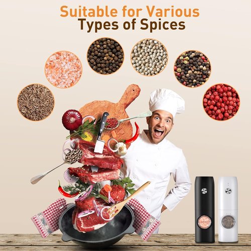 Electric Salt and Pepper Grinder Set - USB Rechargeable Automatic Mill with Adjustable Coarseness | One-Hand Operation & LED Light - 2 Pack